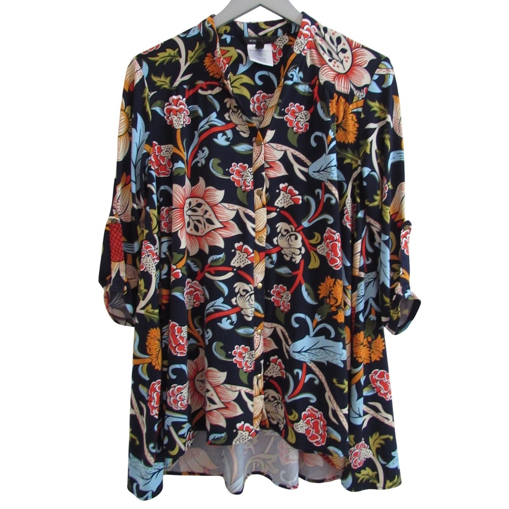 BCBG MAXAZRIA‎ Floral Flowy Tunic Blouse Womens M Navy Boho Roll Tab Sleeve Top